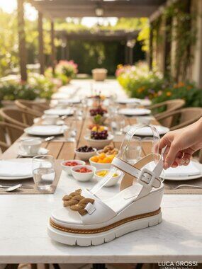 Luca Grossi‎ White Leather Chain Accent Wedge Sandals Women's EU 36 / US 6